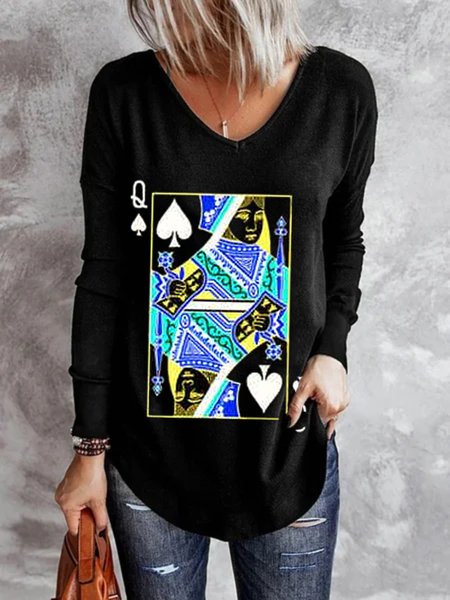 

Casual Long Sleeve V Neck Plus Size Printed Tops T-shirts, Black, T-Shirts