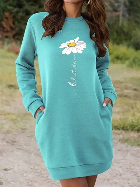 

Printed Casual Long Sleeve Round Neck Dresses, As picture, Mini Dresses