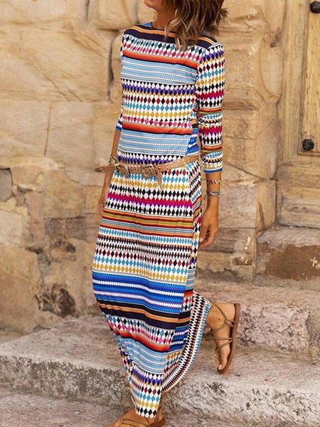 

Vintage Geometrico Stampato Girocollo Colore-block Maniche Lunghe taglia grande Gonna Casuale, Multicolore, Maxi Dresses