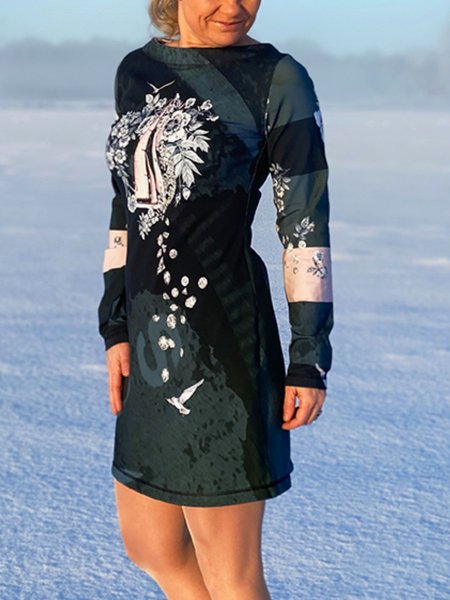 

Casual Long Sleeve Round Neck Plus Size Printed Dress, Multicolor, Mini Dresses