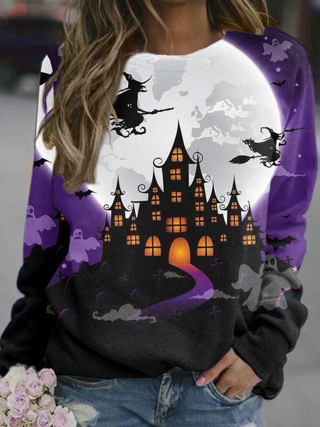 

Happy halloween Starry Castle Witch Sweatshirt, As picture, Long sleeves