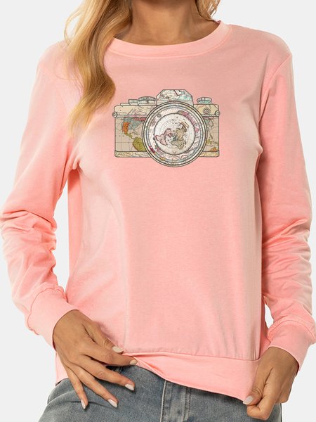 

Casual personality map camera print round neck long sleeve cotton blend Sweatshirts, Pink, Sweatshirts
