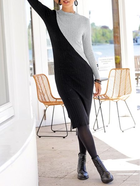 

Crew Neck Color Contrast Sweater Dress, As picture, Midi Dresses