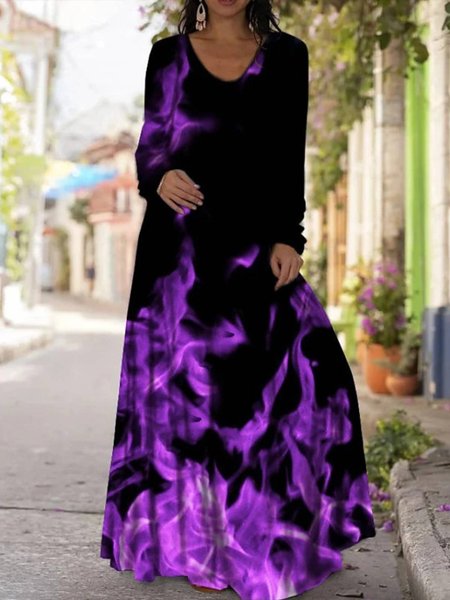 

Casuale Maniche Lunghe Scollo a V Stampato Abito, Multicolore, Maxi Dresses
