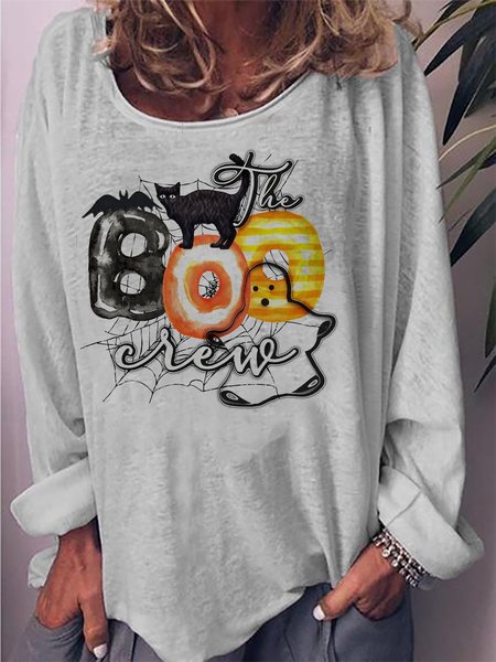 

Halloween Printed Loose Long Sleeve Round Neck T-Shirts & Tops, White, Long sleeve tops