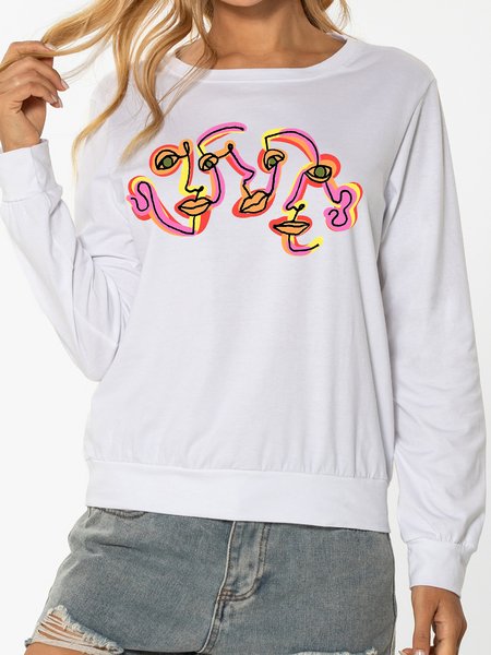 

Casual personality abstract face print round neck long-sleeved cotton-blend sweatshirt, White, Sweatshirts