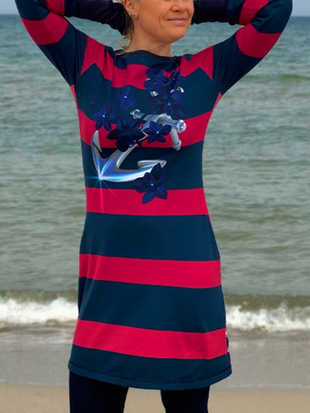 

Casual Long Sleeve Round Neck Plus Size Printed Dress, Red, Mini Dresses