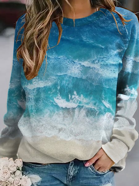 

Nature's Narratives Ocean Raglan Sleeve Sweatshirt, As picture, Hoodies&Sweatshirts