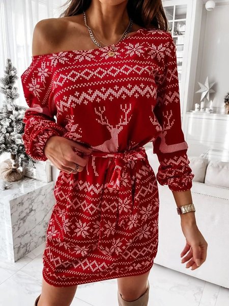 

Casual Printed Long Sleeve Dress, Red, Mini Dresses