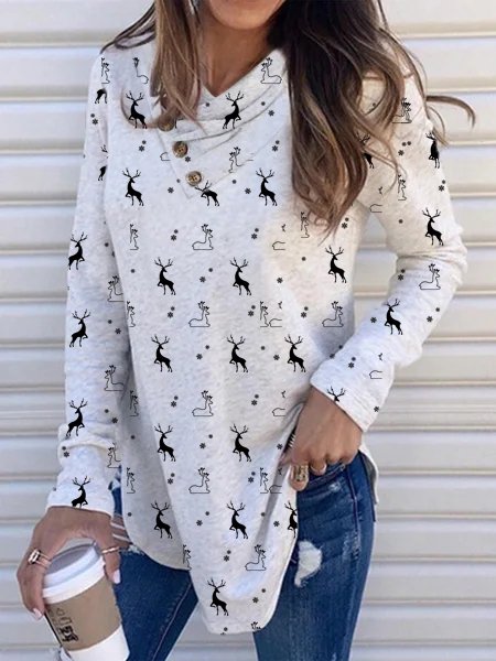 

Elk Printing Cotton Blends Shirts & Tops, White, Long sleeve tops