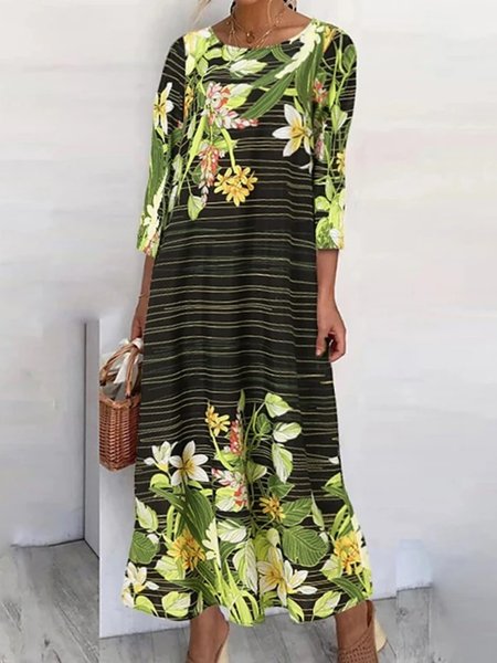 

Casuale Maniche Lunghe Stampato Girocollo Abito, Multicolore, Maxi Dresses