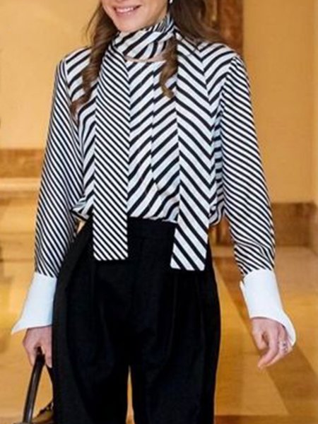 

Long Sleeve High Neck Striped Work Shirt, Black-white, Blouses and Shirts