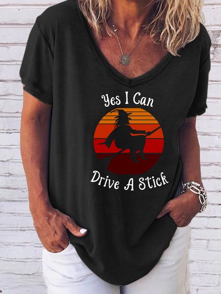 

Yes I can drive a stick. V-neck short-sleeved polyester T-shirt, Black, T-shirts