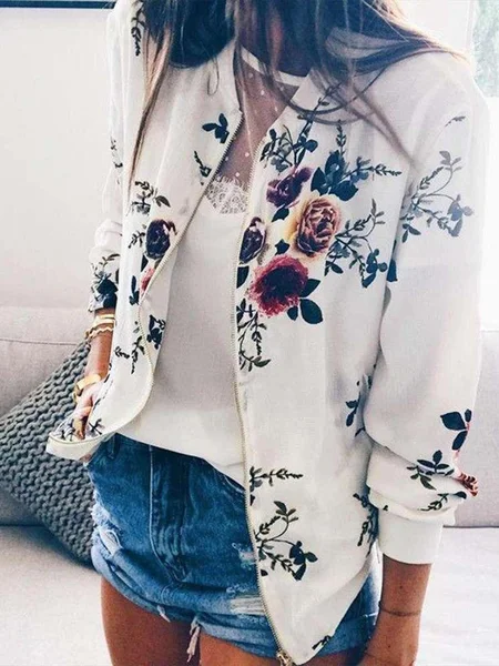 

Autumn women's vintage printed long sleeve bomber jacket or casual women's coat, White, Jackets
