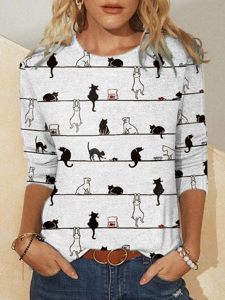 

Women Funny Cat Animal Round Neck Shirt Long sleeve Top, White, Long sleeves
