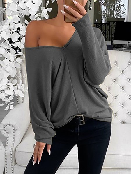 

Casuale Scollo a V Maniche Lunghe Top, Grigio scuro, Blouses & Shirts