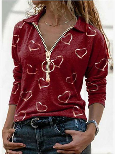 

Maniche Lunghe Cerniera Cuore stampa Top, Vino rosso, Blouses & Shirts