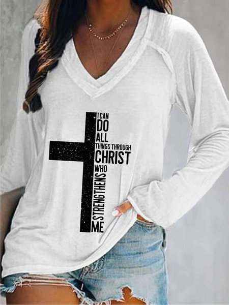 

Casual Long Sleeve V Neck Plus Size Printed Tops T-shirts, White, T-Shirts