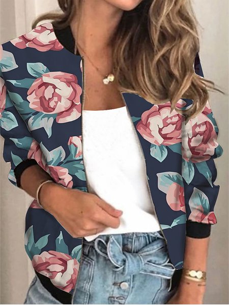 

Autumn women's vintage printed long sleeve bomber jacket or casual women's coat, Dark blue, Jackets