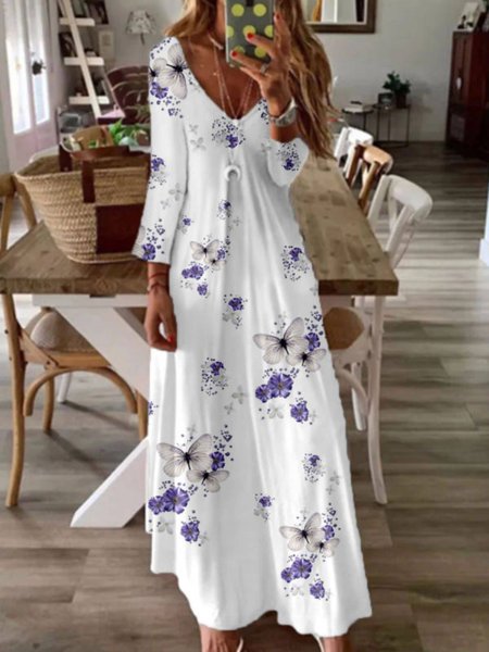 

Casuale Maniche Lunghe Scollo a V Stampato Abito, Bianco, Maxi Dresses
