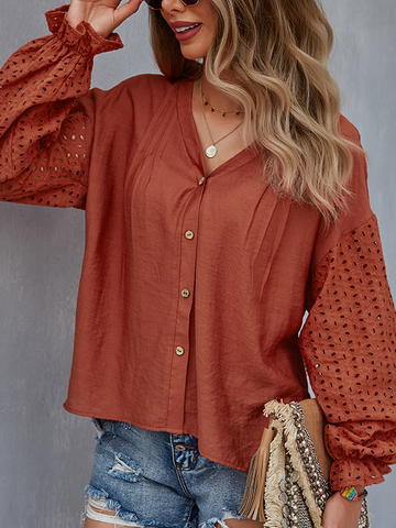 

V Neck Balloon Sleeve Cotton Shirts & Tops, Caramel, Shirts & Blouses