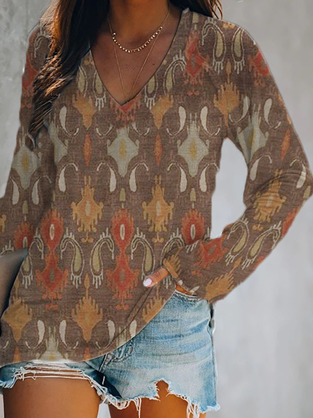 

taglia grande Geometrico Stampato Maniche Lunghe Top, Multicolore, T-Shirts
