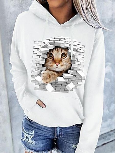 

White Cat Printed Casual Hoodie Sweatshirt, Hoodies & Sweatshirts