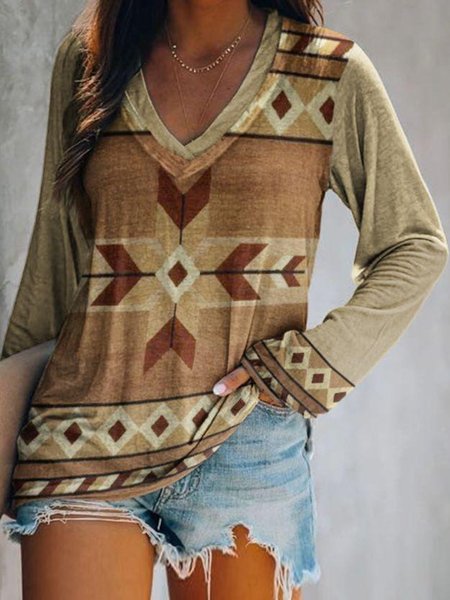 

Casual Long Sleeve Printed V-Neck Top, Khaki, Blouses & Shirts