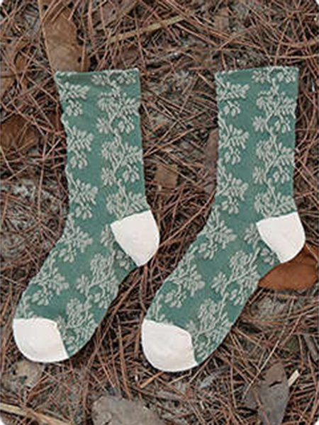Retro Simple Embroidered Cotton Socks, Green, Socks