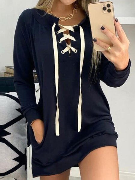 

Vintage Tinta unita Allacciato Scollo a V Maniche Lunghe taglia grande Casuale Felpa Abito, Nero, Mini Dresses