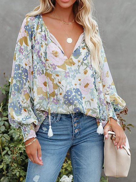 

Casual Boho Long Sleeve V-neck Loose Printed Shirts, As picture, Shirts & Blouses
