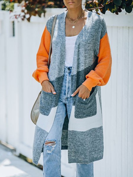 

Leisure Color Block Pocket Long Sleeves Midi Outerwear, Multicolor, Coats