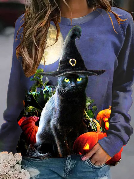 

Witchy black Halloween Cat Sweatshirt, As picture, Long sleeves