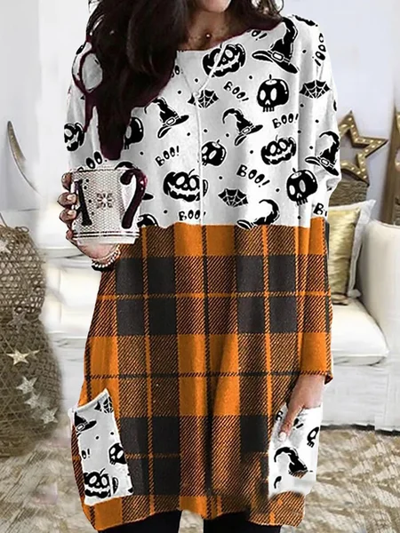 

Women's T Shirt Dress Tee Dress Print Plaid Pocket Round Neck Casual Halloween, Orange, Sweatshirts & Hoodies