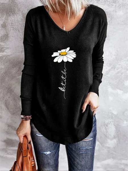

Maniche Lunghe Scollo a V Floreale Casuale Top, Nero, Blouses & Shirts