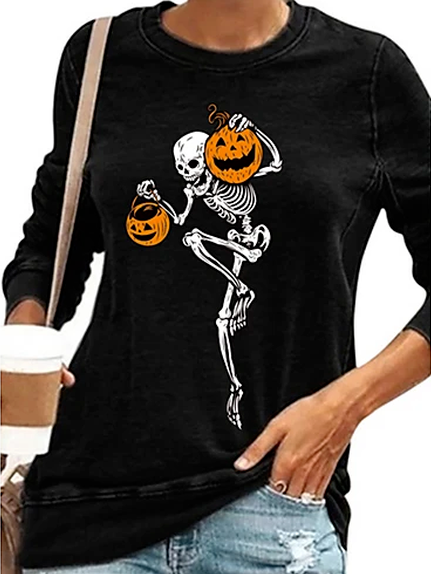 

Halloween Printed Round-Neck Long-Sleeved Hoodies, Black, Long sleeve tops