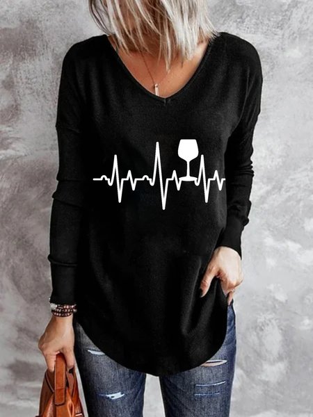

Casual Long Sleeve V Neck Plus Size Printed Tops T-shirts, Black, T-Shirts