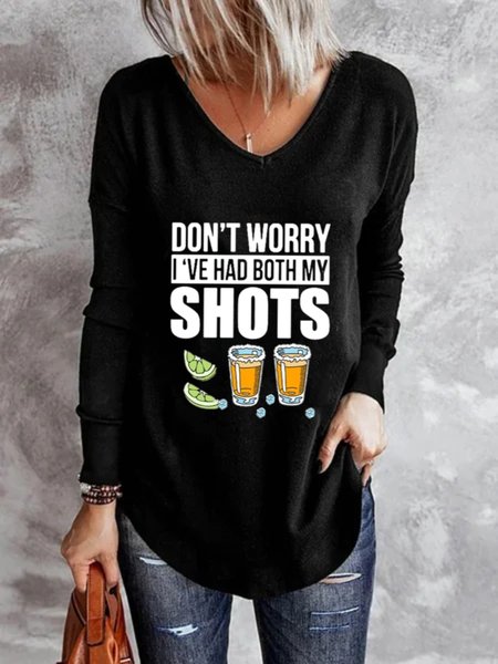 

Casual Long Sleeve V Neck Plus Size Printed Tops T-shirts, Black, T-Shirts