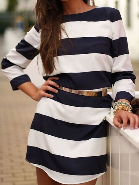 

Long Sleeve Striped Loosen Casual Mini Dress, Black-white, Mini Dresses