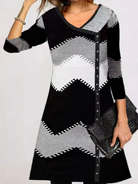 

Geometric Long Sleeve Casual Shift Dress, Black, Casual Dresses