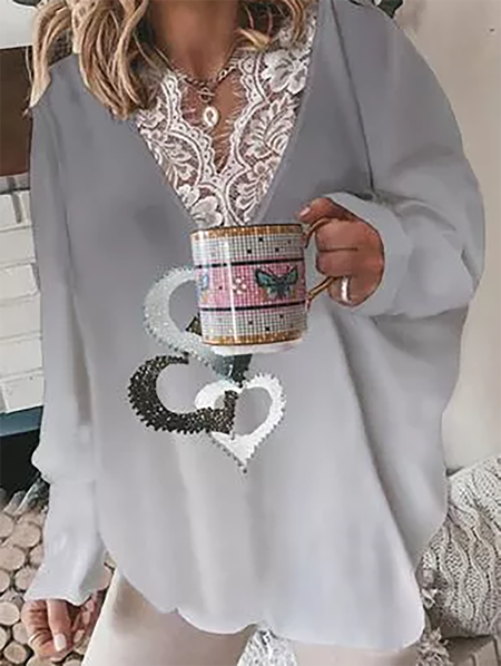 

Plus size Printed Casual Long Sleeve Shirts & Tops, Gray, T-Shirts