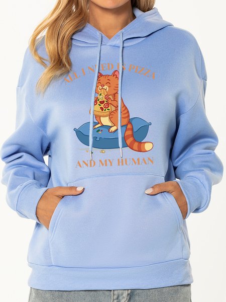 

Casual and simple cat print hooded long-sleeved polyester sweatshirt, Blue, Hoodies