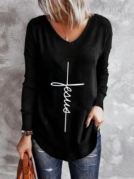 

Casual Long Sleeve V Neck Plus Size Printed Tops T-shirts, Black, T-Shirts