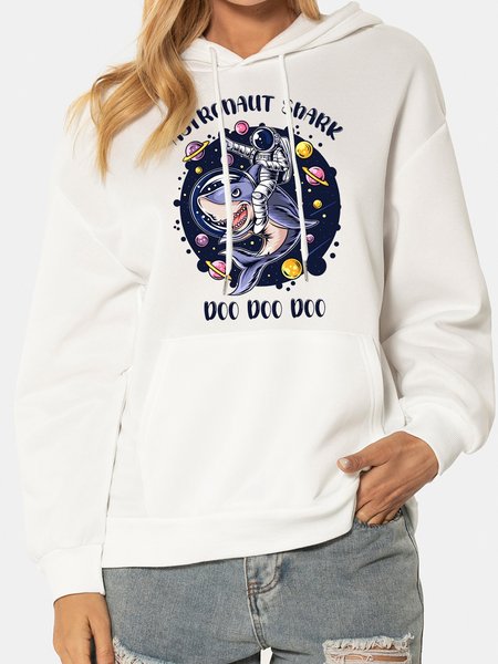 

Casual personality shark print hooded long-sleeved polyester sweatshirt, White, Hoodies