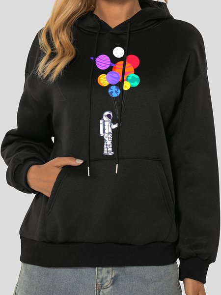 

Casual and personalized astronaut print hooded long-sleeved polyester sweatshirt, Black, Hoodies