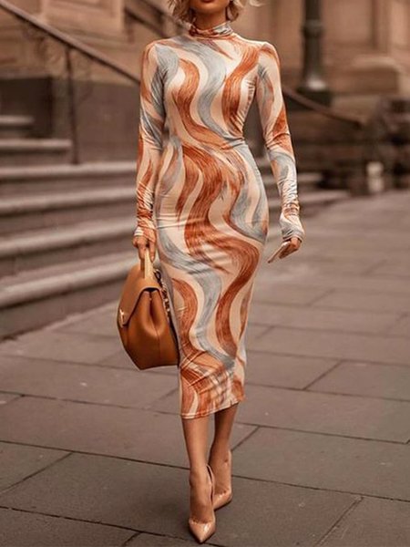 

Long Sleeve High Neck Skinny Midi Dress, As picture, Midi Dresses