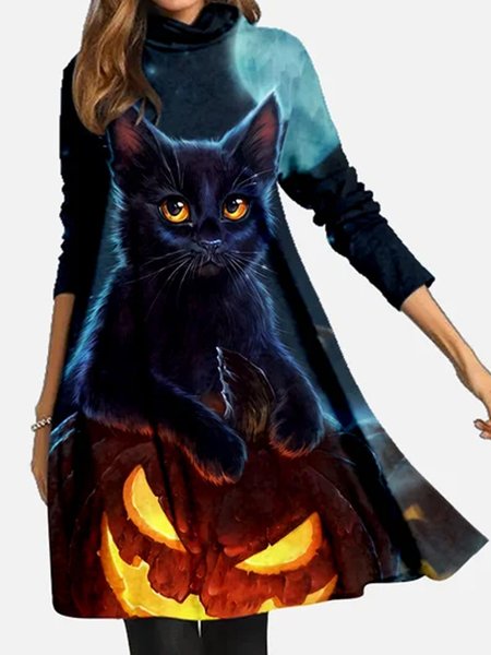 

Halloween Cat Pile Neck Woman Dress, As picture, Dresses
