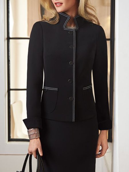 

Elegant SolidColor Block Pockets Outerwear, Black, Blazers