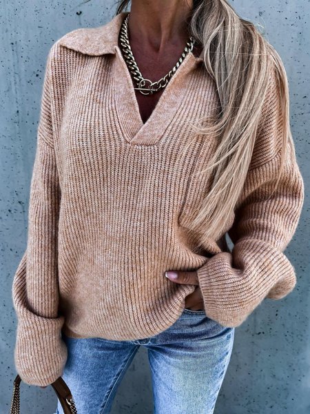 

Casuale Maniche Lunghe Scollo a V Maglione, Cachi, Sweater
