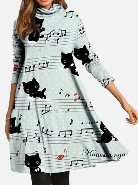 

Music Cute Cat Wave point Cowl Neck Knitting Dress, As picture, Dresses